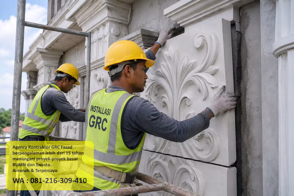 Pekerja memasang elemen GRC pada bangunan
