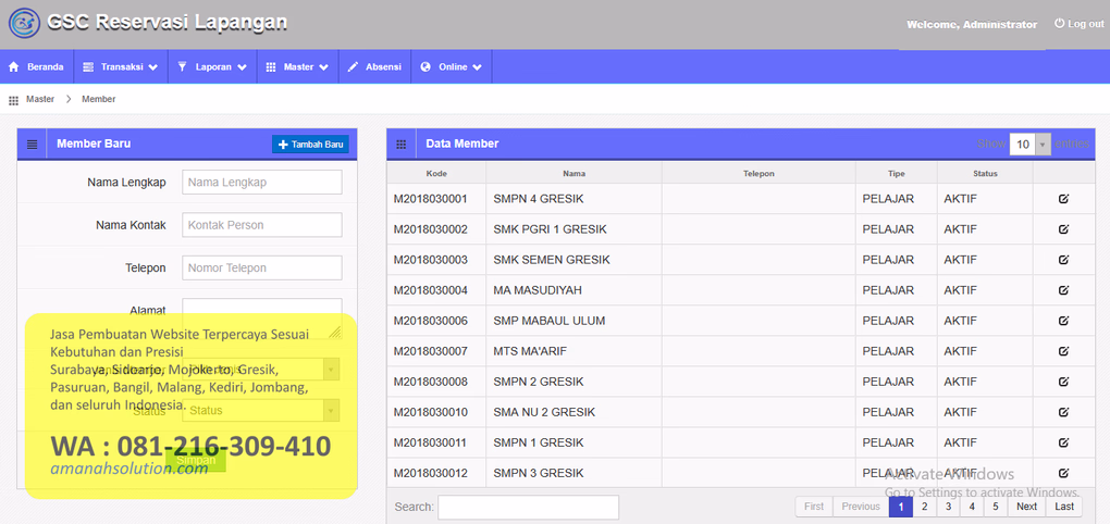 Data pengguna software manajemen lapangan futsal padel minisoccer badminton gym