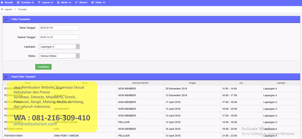 Fitur filter transaksi software manajemen lapangan futsal padel minisoccer badminton gym