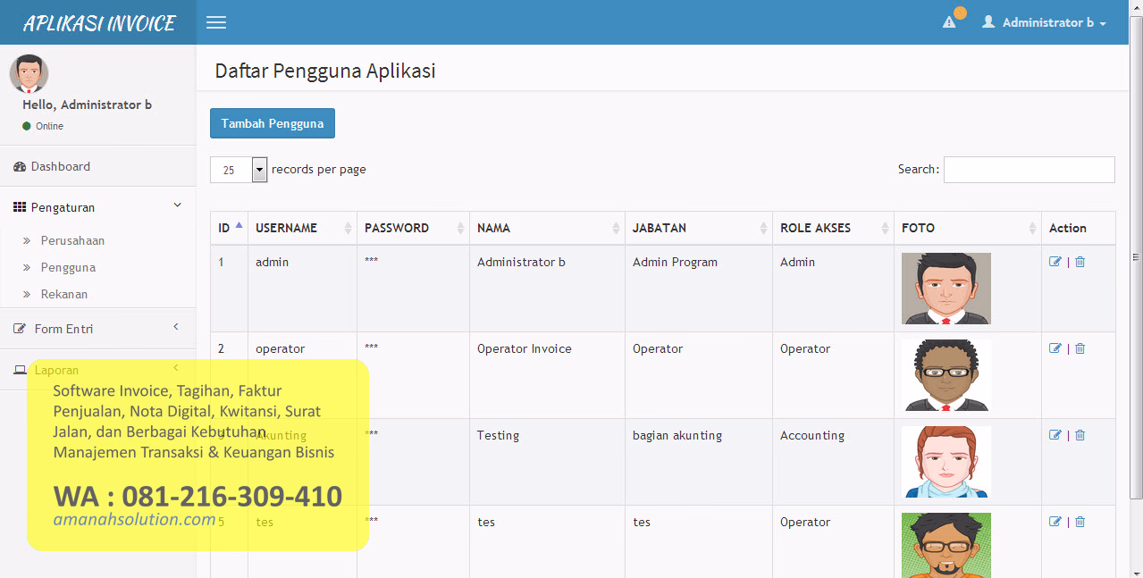 Fitur role akses software invoice untuk bisnis di Surabaya Raya