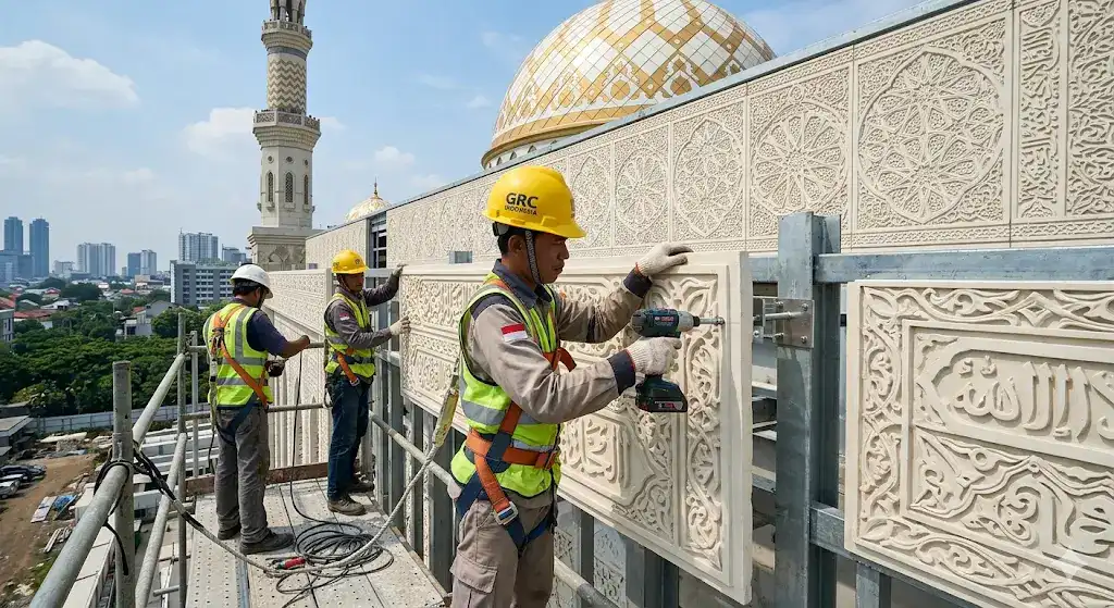 Detail Pemasangan Ornamen GRC pada Fasad Masjid oleh Spesialis Ahli