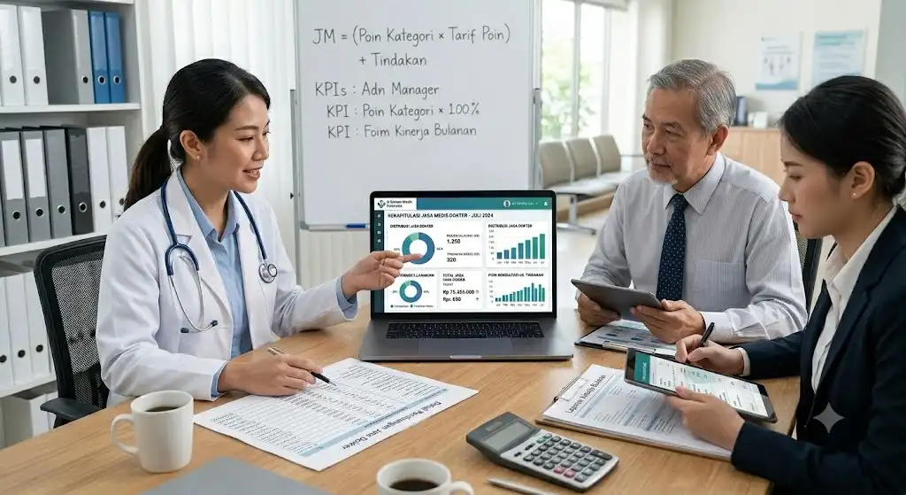 Ilustrasi Dokter dan Manajemen Klinik Sedang Membahas Perhitungan Jasa Medis