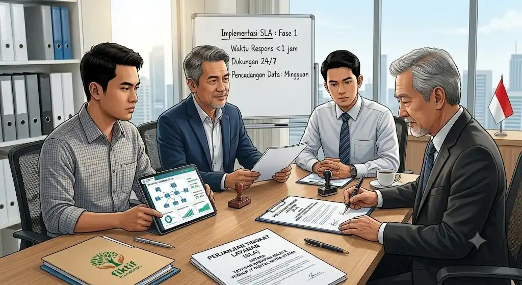 Ilustrasi Pengurus Yayasan Menandatangani Perjanjian Tingkat Layanan (SLA) dengan Vendor IT