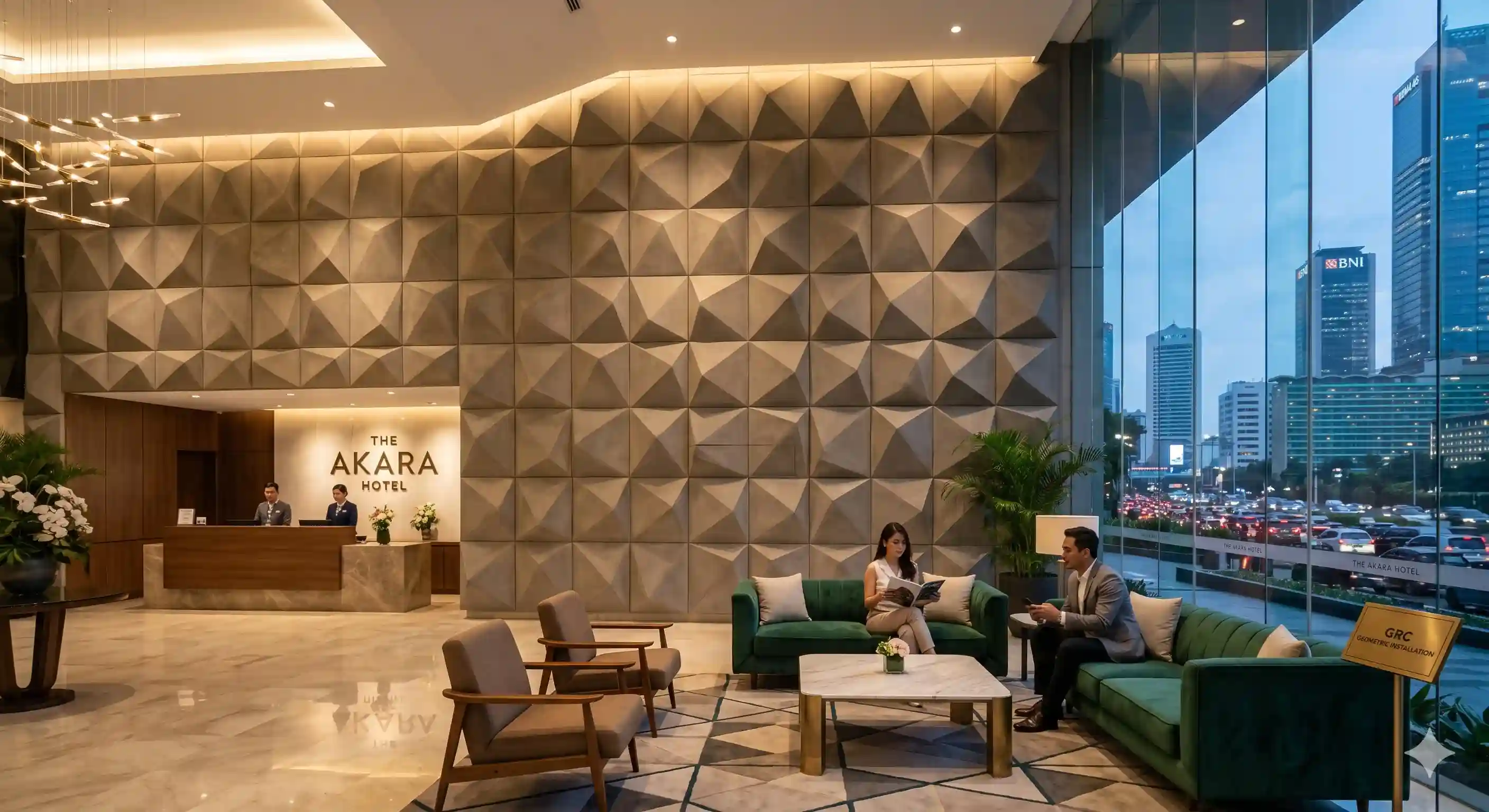 Instalasi Wall Panel GRC Motif Geometris Modern di Hotel Jakarta Pusat