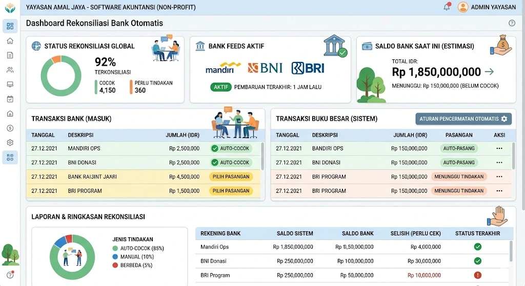 Tampilan Dashboard Rekonsiliasi Bank Otomatis pada Software Akuntansi Yayasan