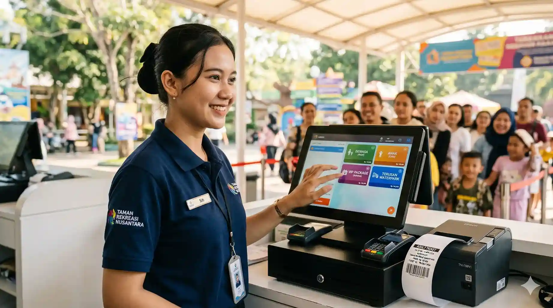 Fitur antarmuka mesin kasir POS yang cepat untuk memperlancar antrean loket wahana rekreasi