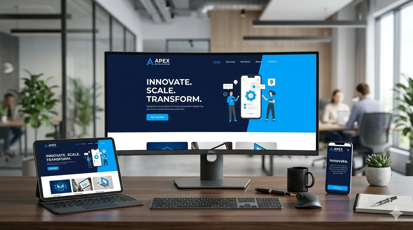 Visualisasi desain website responsif yang beradaptasi sempurna di perangkat desktop, tablet, dan smartphone karya Jasa Website Surabaya.