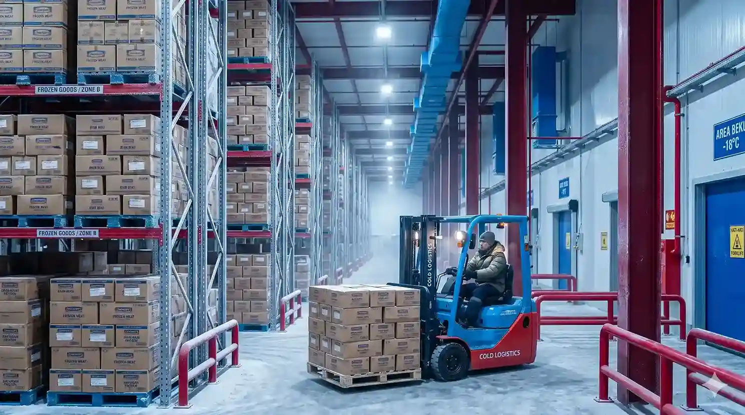 Gudang distribusi utama cold storage untuk suplai katalog produk frozen food partai besar dan kemitraan agen