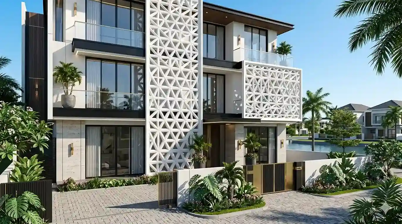 Tampilan desain arsitektur fasad GRC motif kustom mewah di kawasan perumahan elit Pantai Indah Kapuk 2