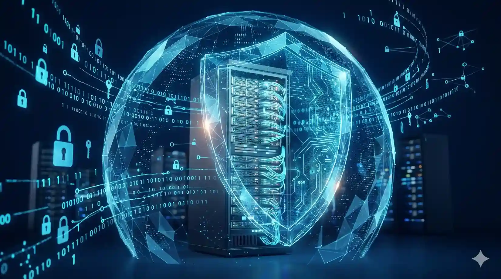 Ilustrasi perlindungan keamanan siber, firewall, dan enkripsi data tingkat tinggi untuk mencegah peretasan pada website bisnis.