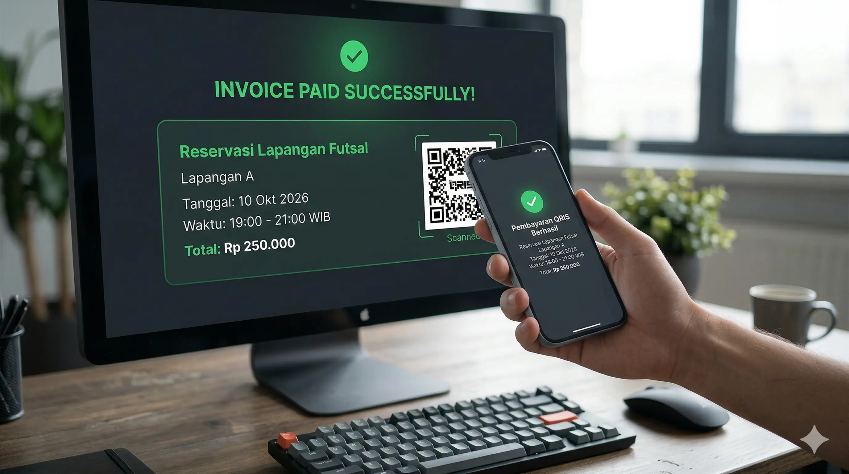 Integrasi sistem verifikasi pembayaran uang muka atau DP via QRIS untuk menyewa jadwal lapangan