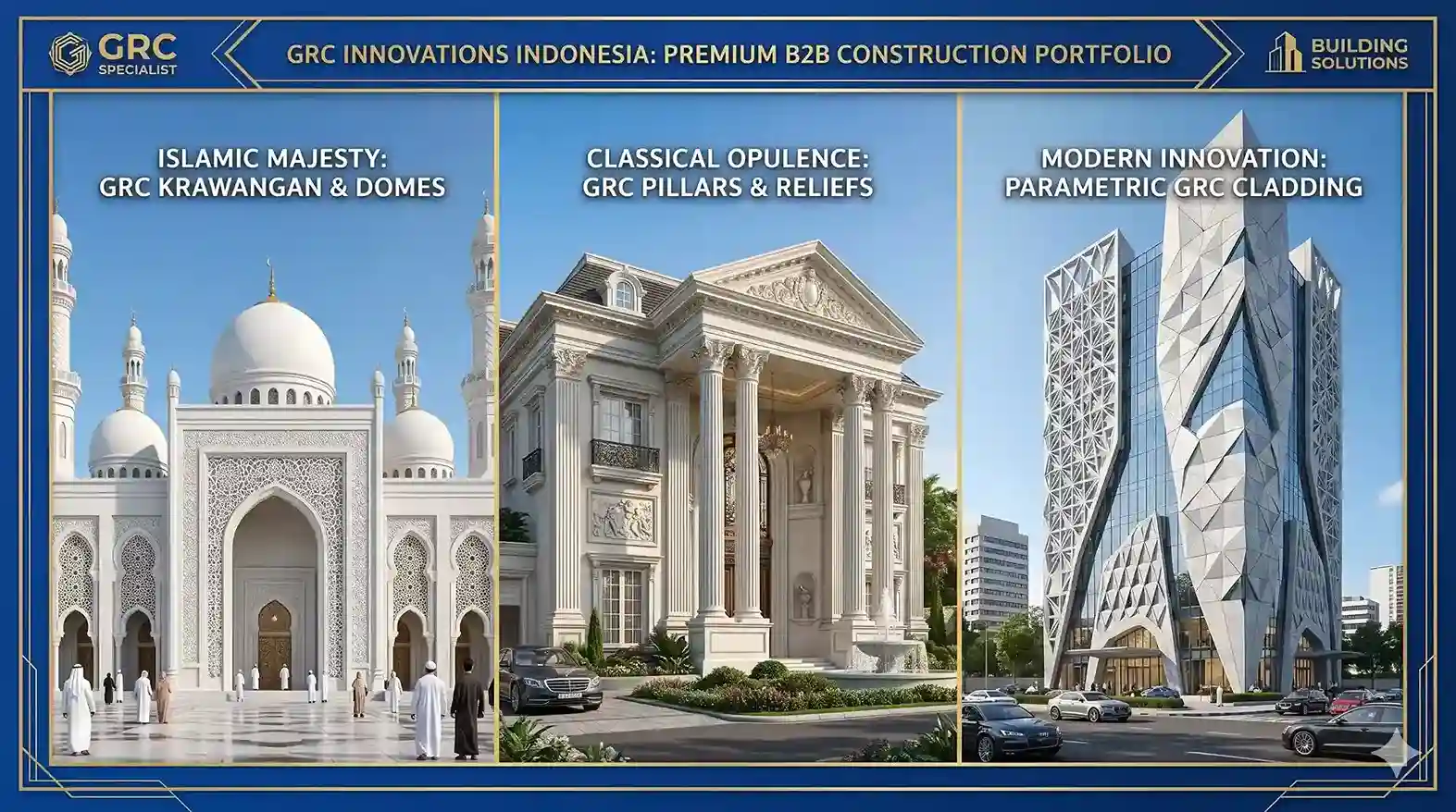 Kontraktor pembuatan fasad dan ornamen GRC motif kustom terpercaya untuk proyek masjid, gedung komersial, dan rumah mewah di seluruh wilayah Indonesia.