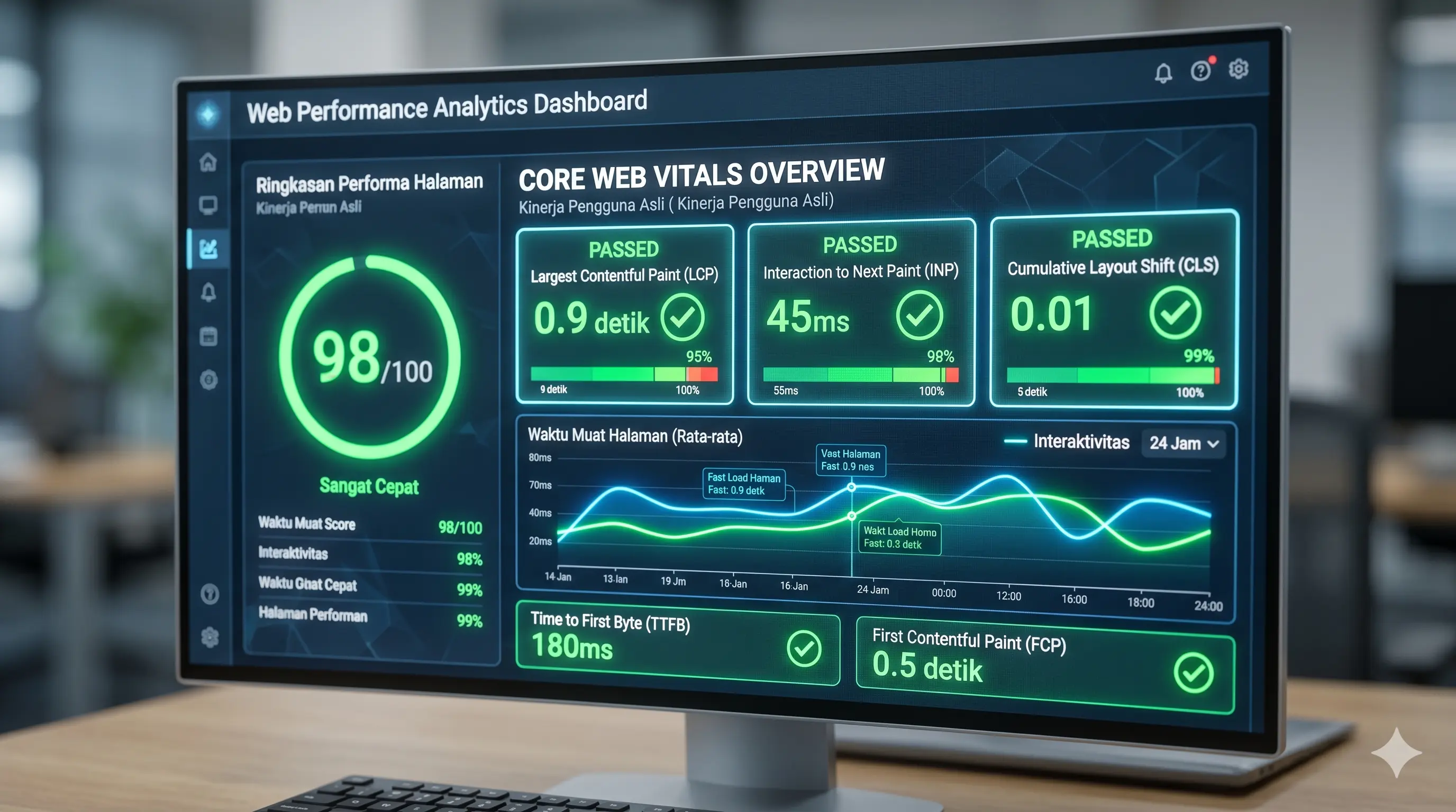 Tampilan dashboard analitik hasil optimasi kecepatan pemuatan halaman website dan skor Core Web Vitals yang maksimal.
