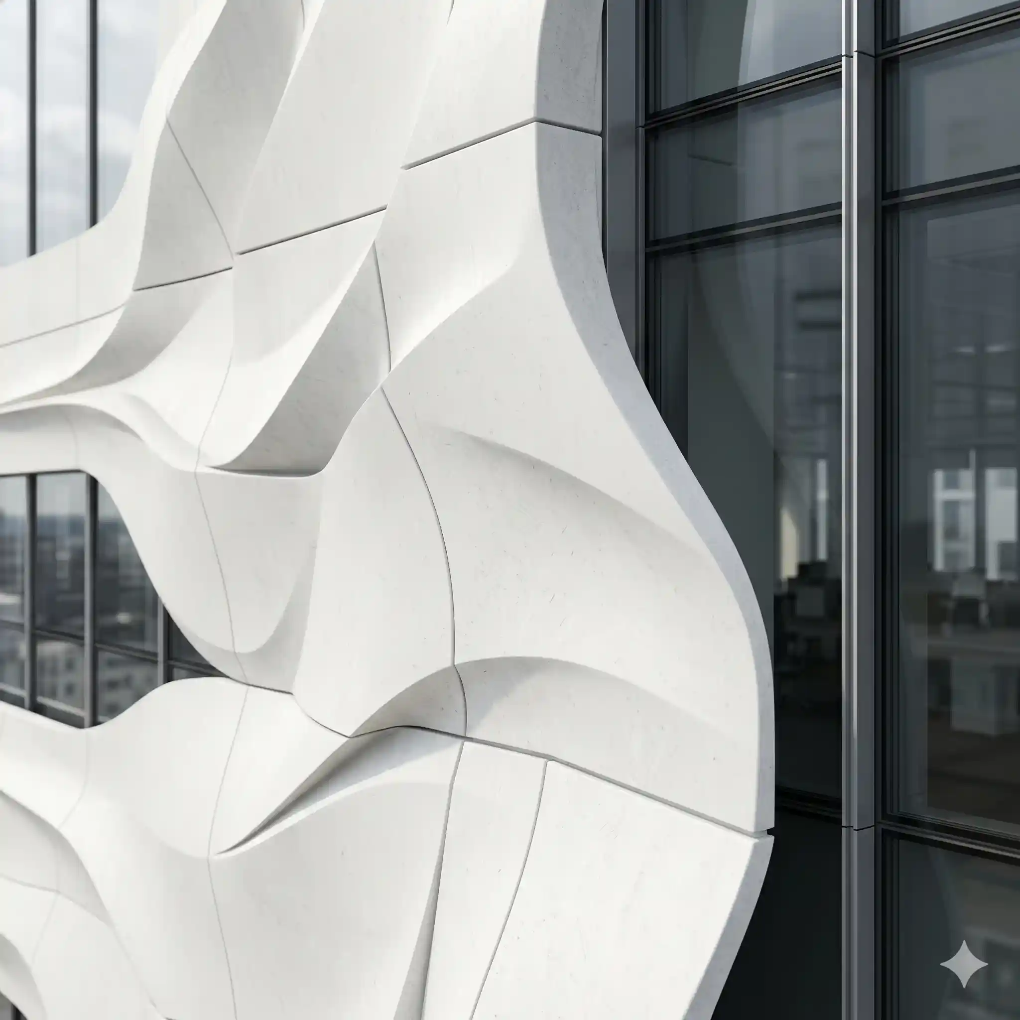 Pemasangan panel fasad cladding GRC dengan pola ukiran parametrik 3D modern untuk eksterior gedung perkantoran.
