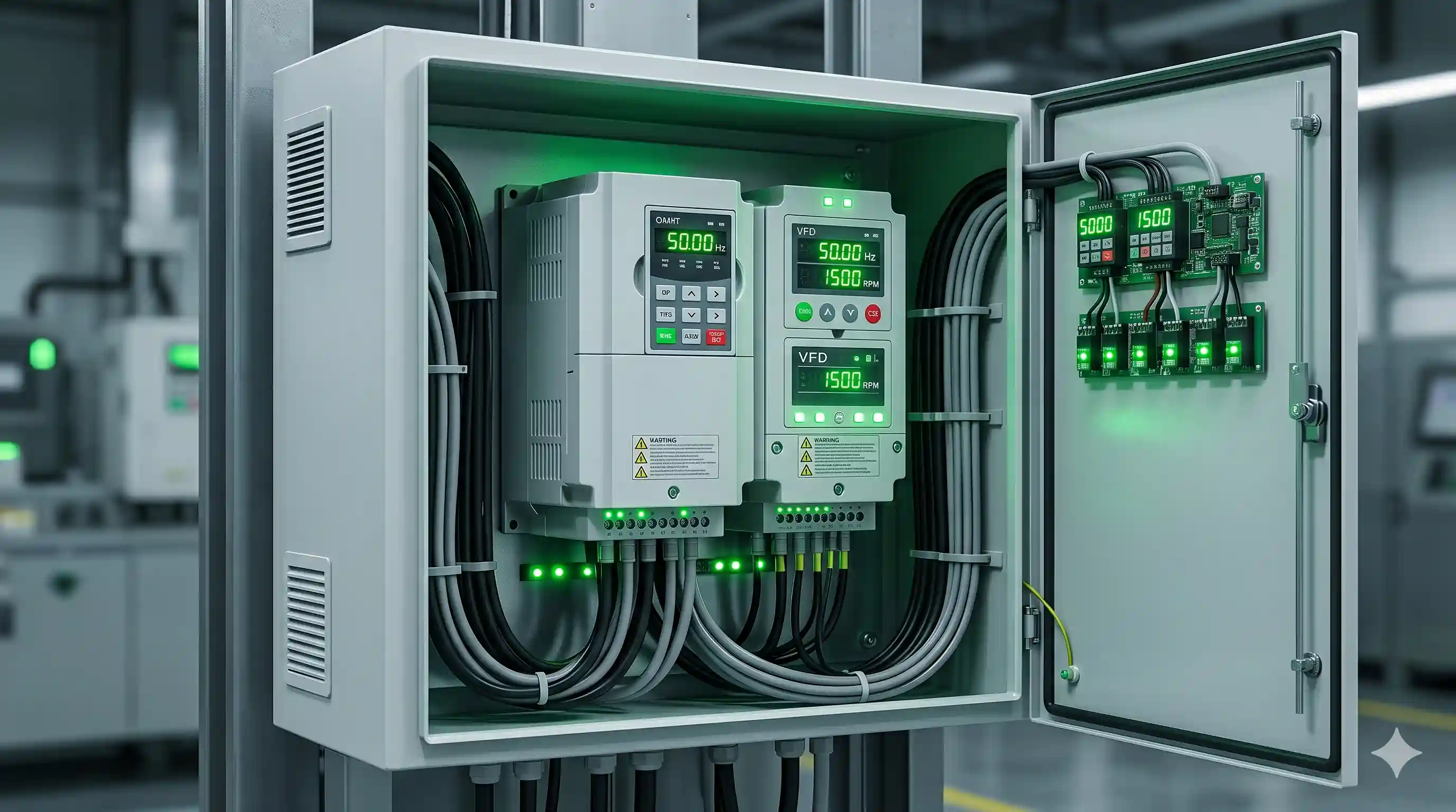 Pemasangan panel kontrol inverter VFD cerdas di ruang mesin eskalator untuk mengontrol konsumsi daya listrik