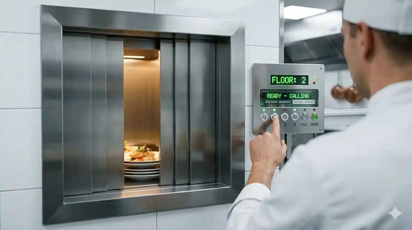 Tampilan panel kontrol mikrokomputer PLC dan tombol indikator digital luar pada sistem lift dumbwaiter