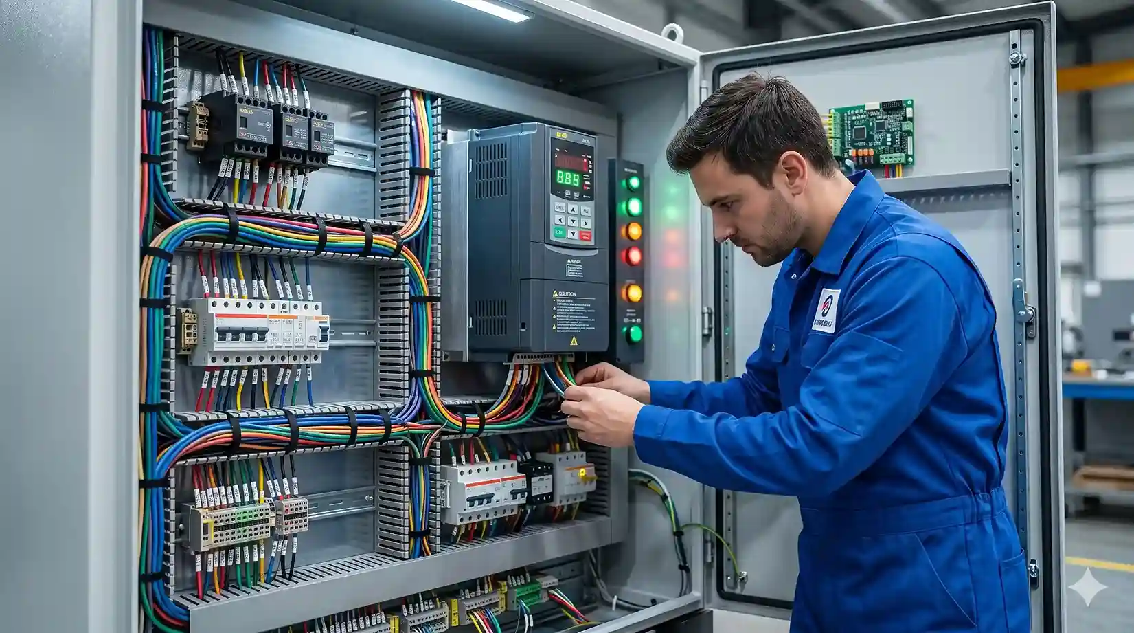 Teknisi elektrikal sedang mengonfigurasi kabel data pada panel kontrol inverter VFD eskalator komersial