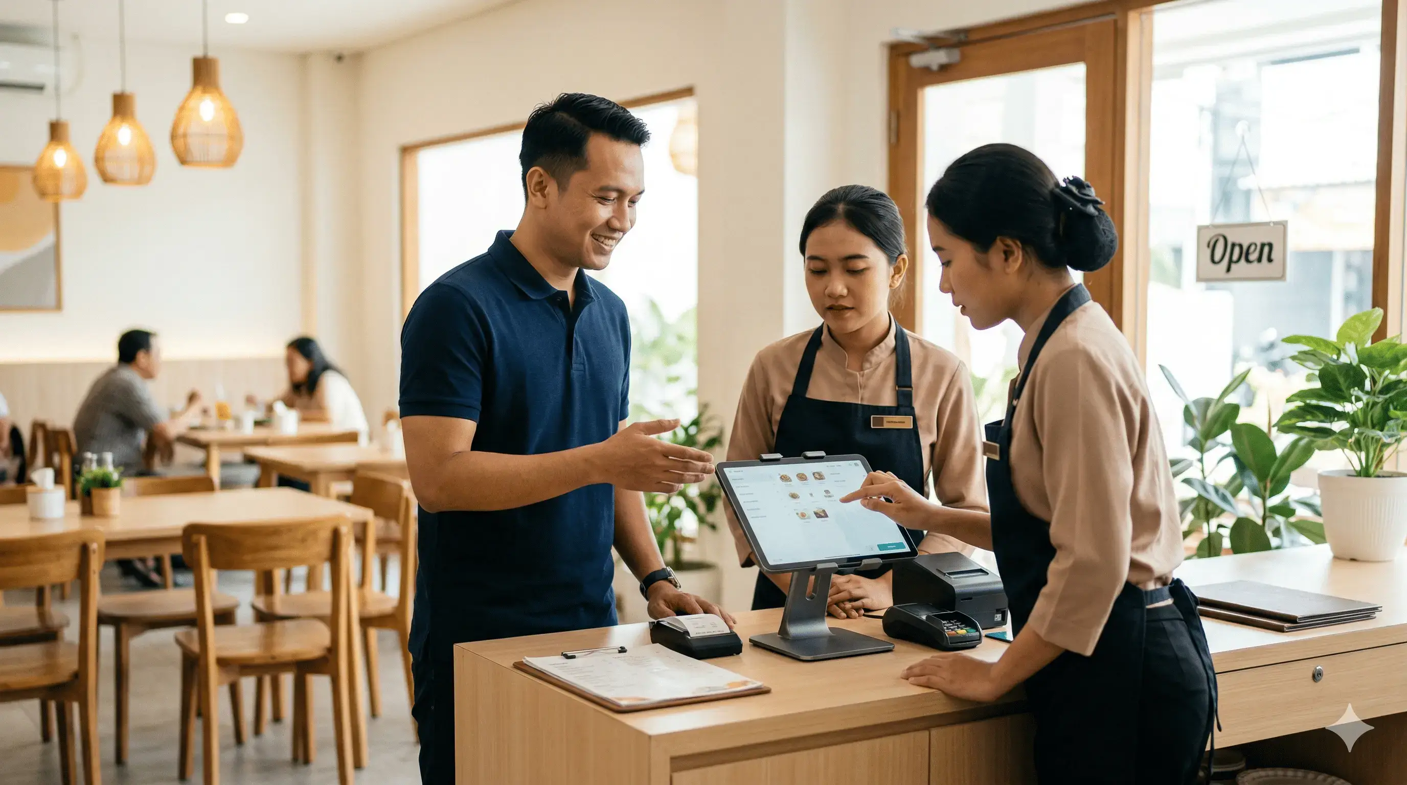 Tim teknis Amanah Solution memberikan pelatihan penggunaan aplikasi restoran kepada staf di Surabaya