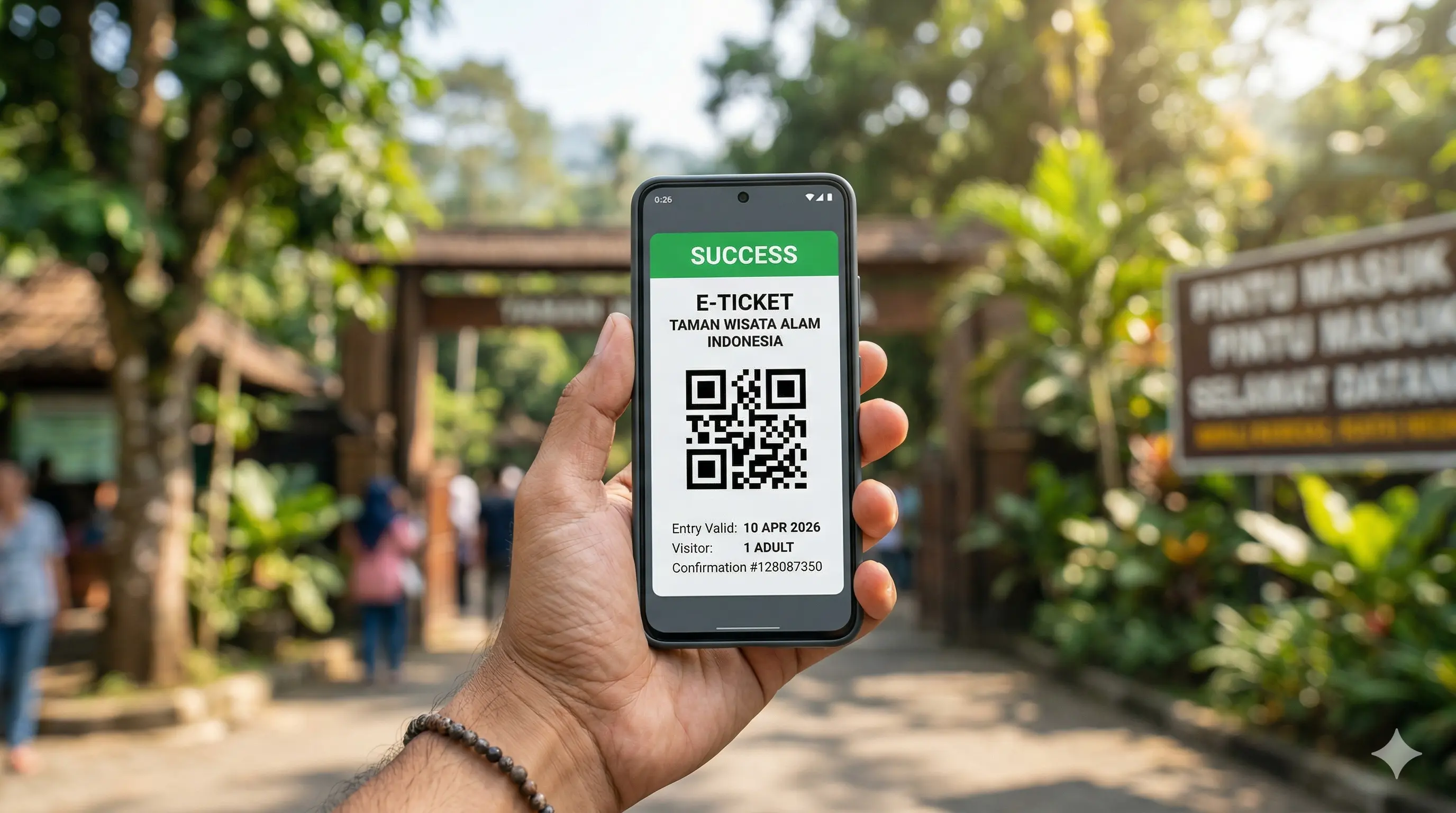 Pelanggan mengakses tiket elektronik berupa QR barcode melalui ponsel setelah membayar daring