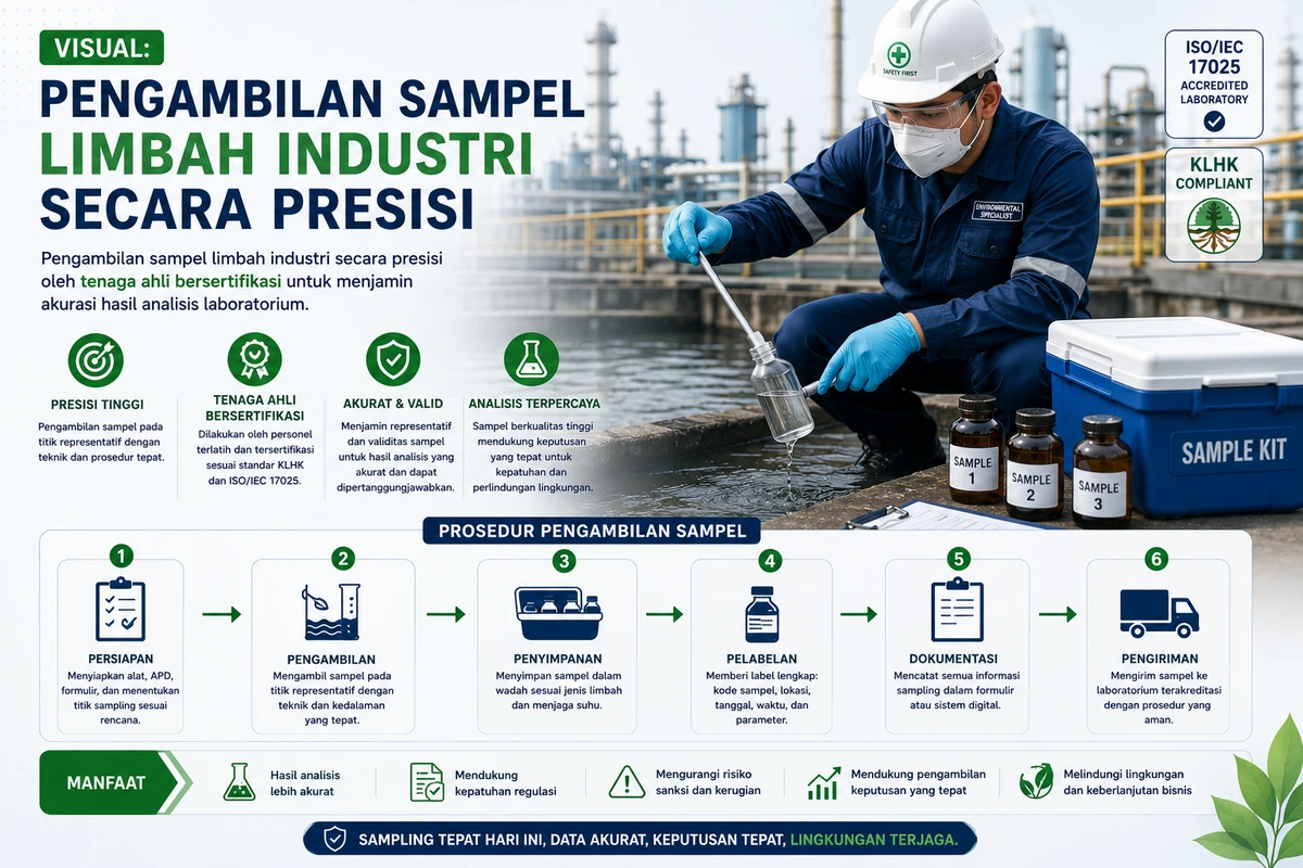 Visual: Pengambilan sampel limbah industri secara presisi oleh tenaga ahli bersertifikasi