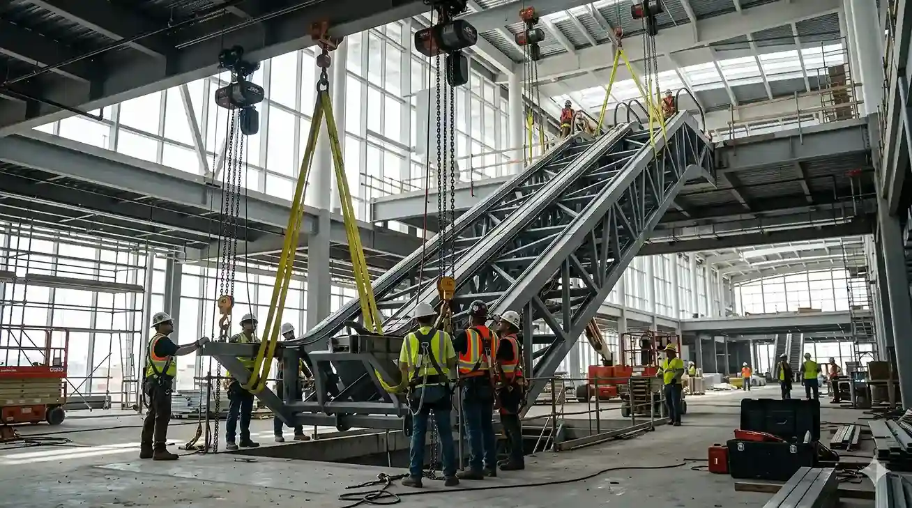 Proses pengangkatan dan penyelarasan mekanikal rangka truss eskalator seberat 10 ton di dalam proyek gedung