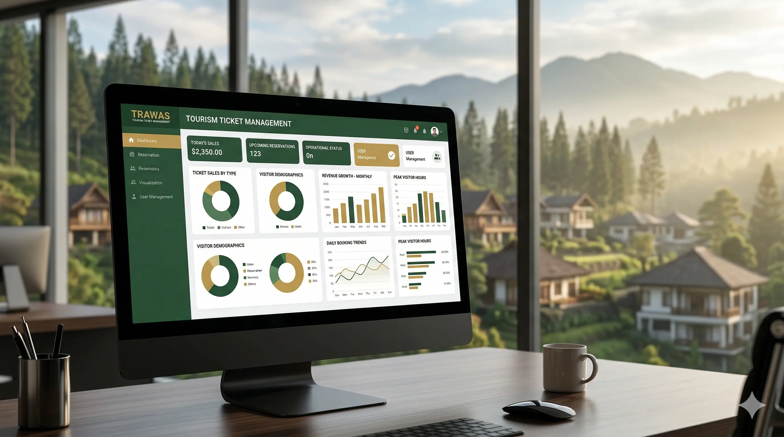 Tampilan dashboard analitik penjualan harian pada software manajemen tiket wisata Mojokerto