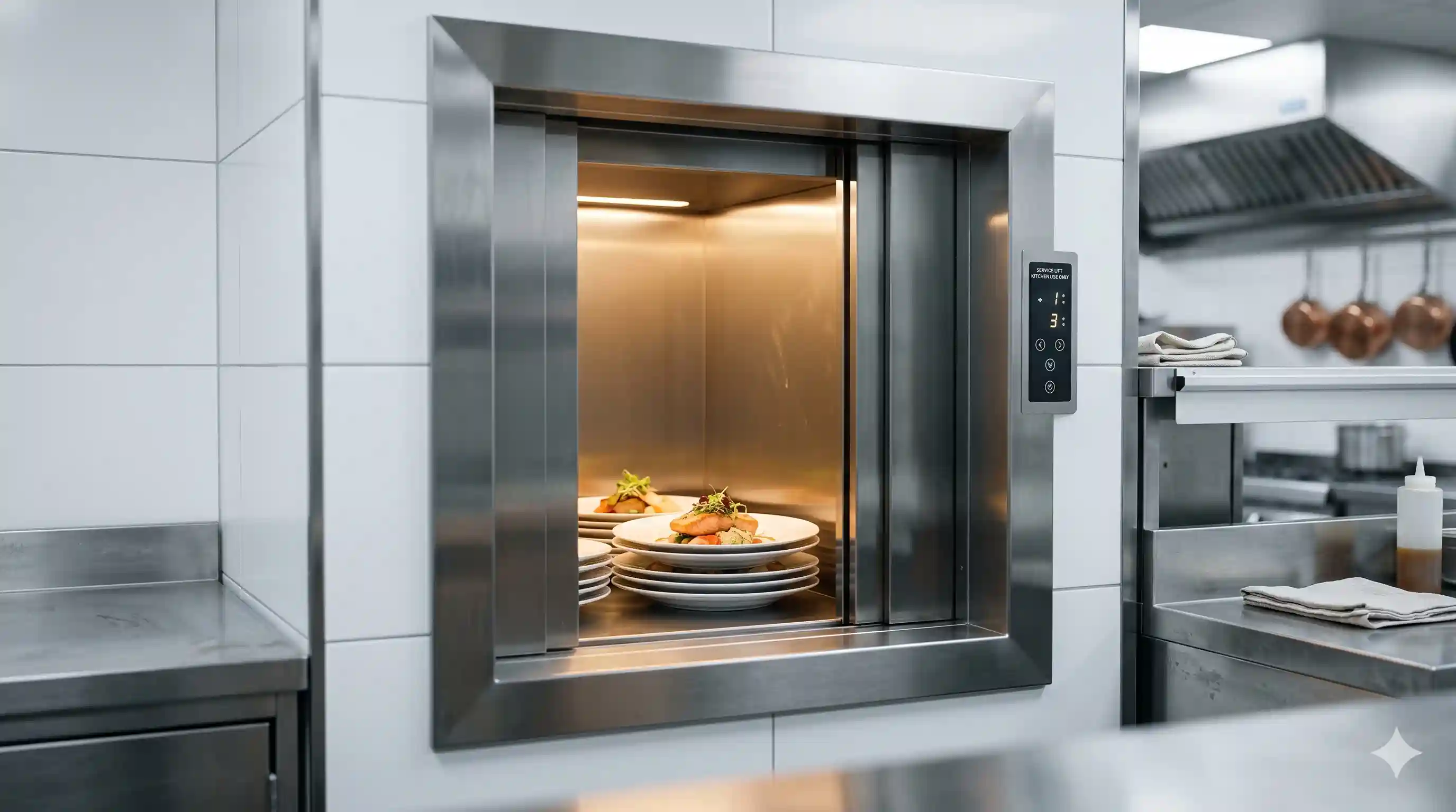Sistem lift makanan dumbwaiter stainless steel kapasitas 100kg terpasang rapi di dinding dapur restoran