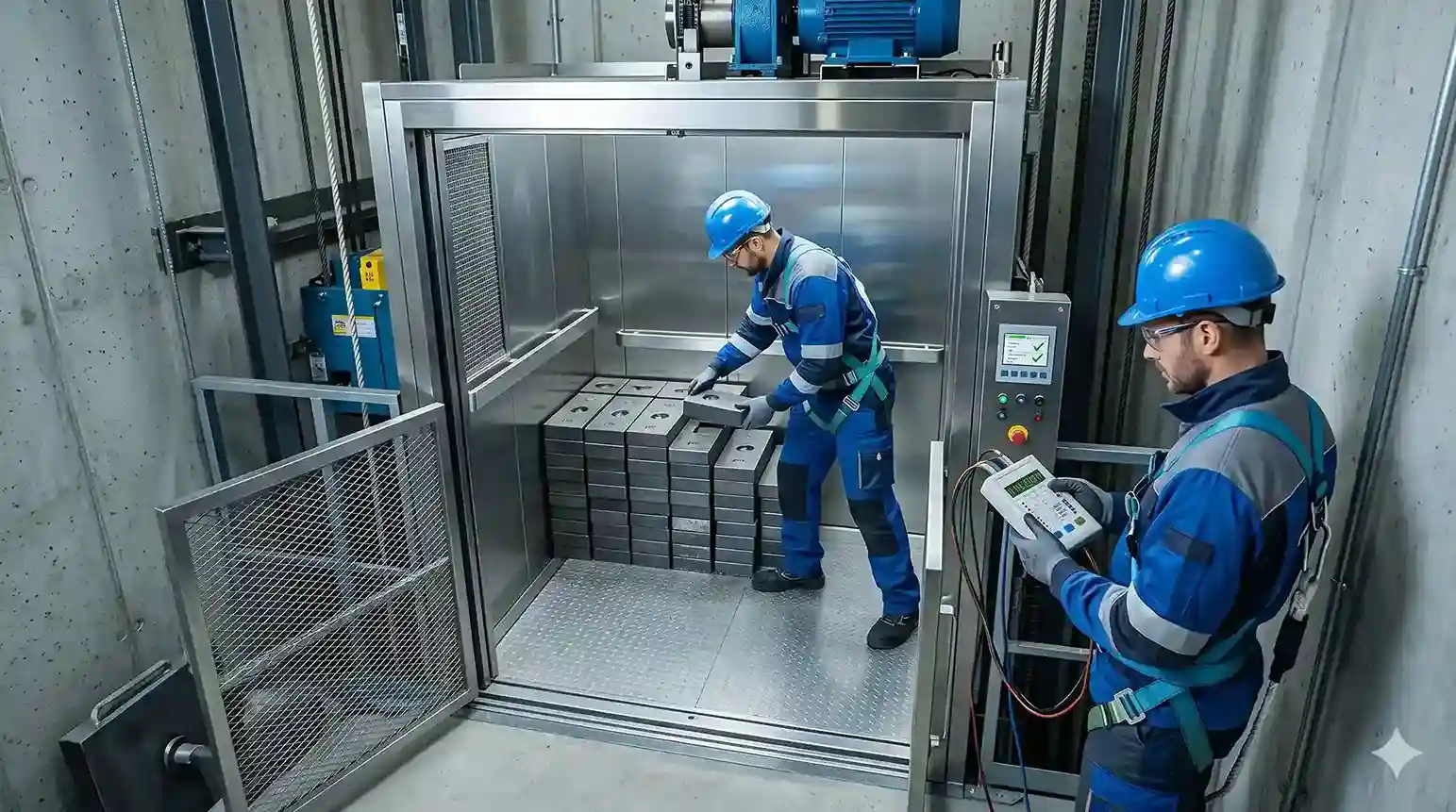 Tim insinyur mekanikal menguji keandalan batas beban angkat sasis kabin dumbwaiter menggunakan material beban kalibrasi besi baja