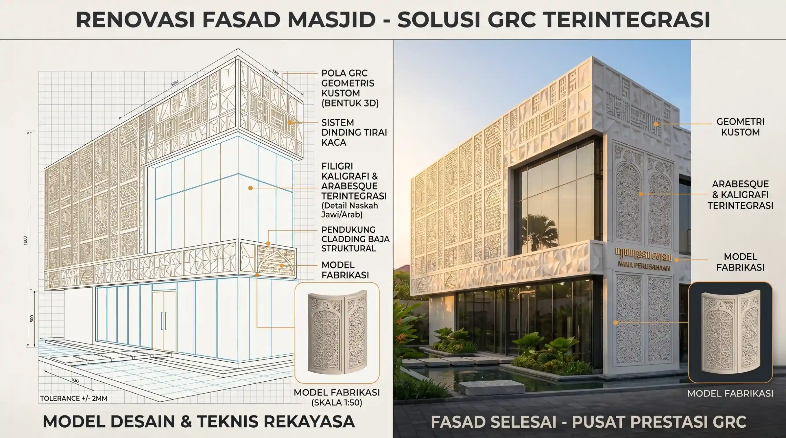 Ilustrasi Renovasi Tampak Depan Bangunan dengan Panel GRC Custom