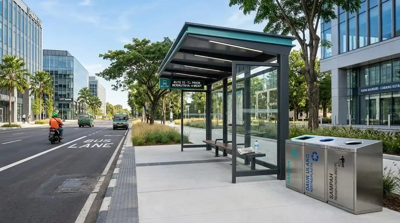 Shelter Halte Bus Modular & Tempat Sampah Stainless