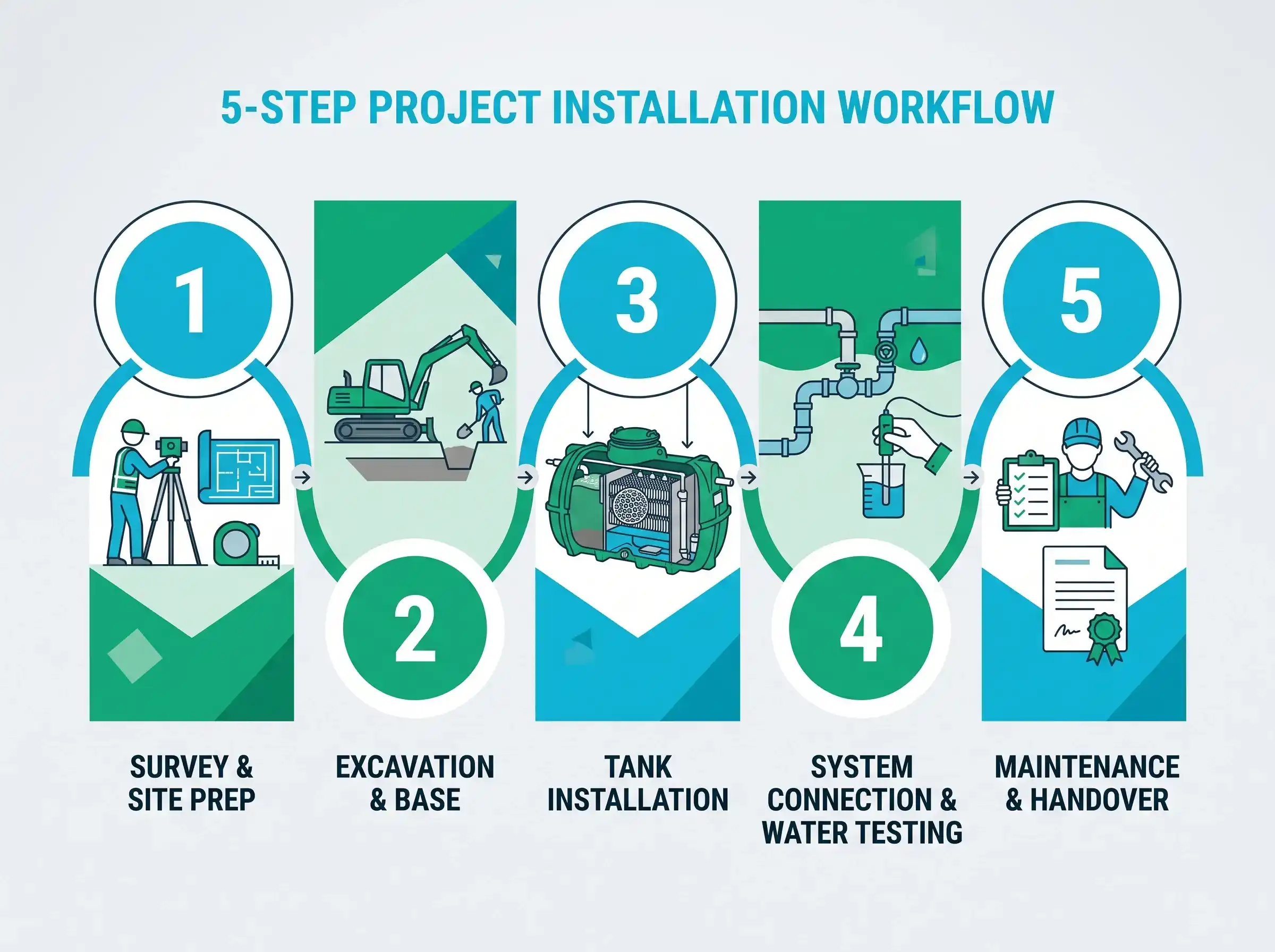 Diagram alur lima tahap instalasi septic tank biofilter ramah lingkungan